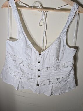 NWT Free People Cotton White Eyelet Button-Front Corset Top with Tie Back